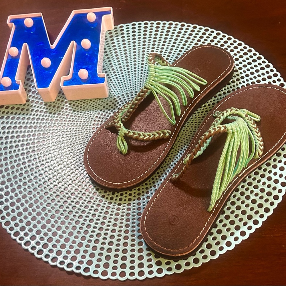 Plaka Brown and Teal Braided Sandals, Size 8 Pre-owned